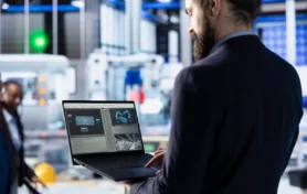 Factory Technician Optimizing Production Flow Using Laptop
